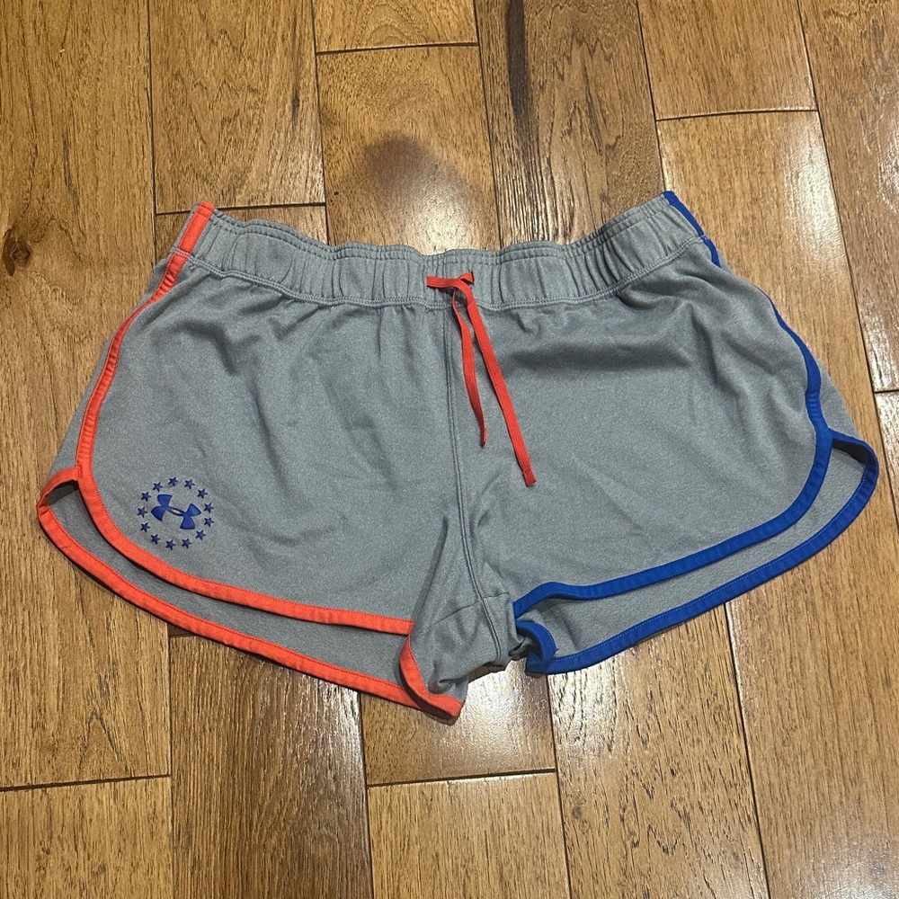 Gray Women's Shorts with Red and Blue Trim